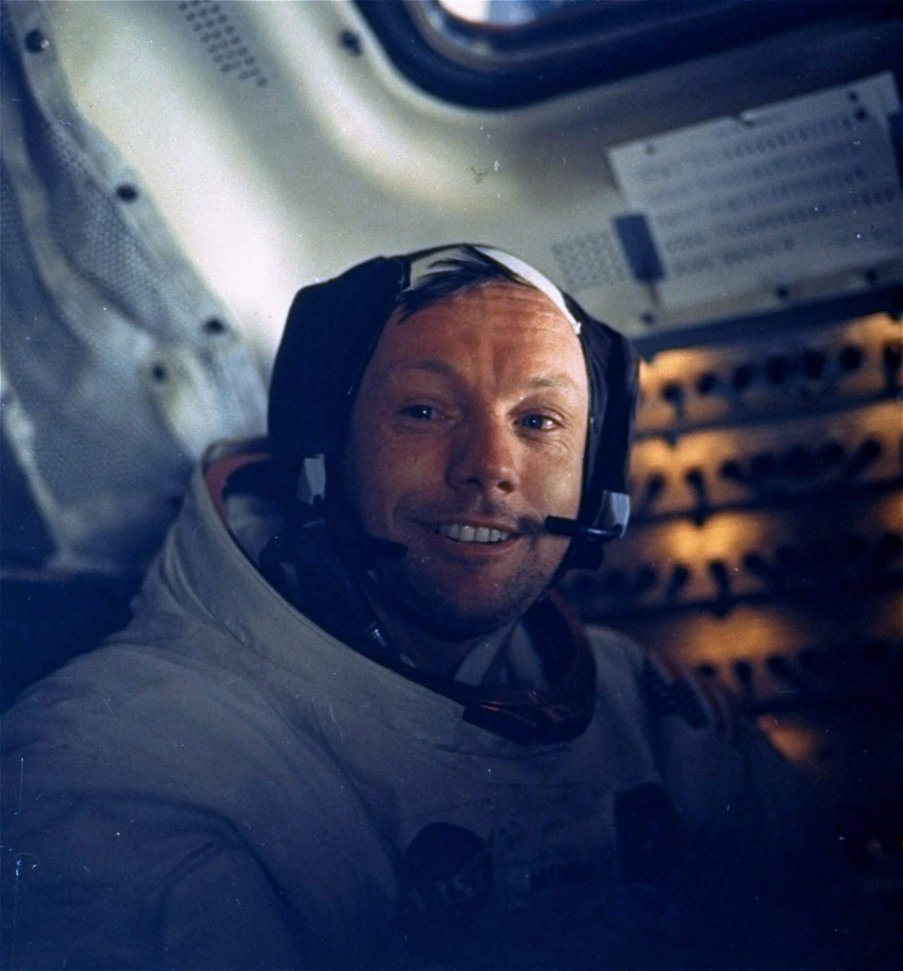 Neil Armstrong in the LM shortly after walking on the Moon.