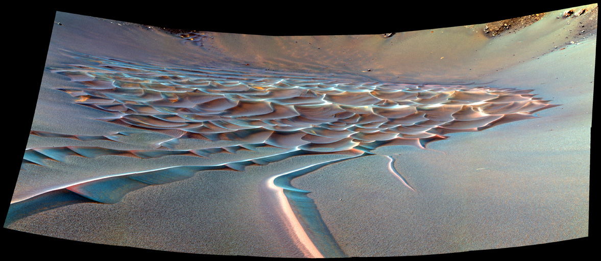 False color view of sand ripples at the bottom of Endurance crater, as seen by Opportunity.